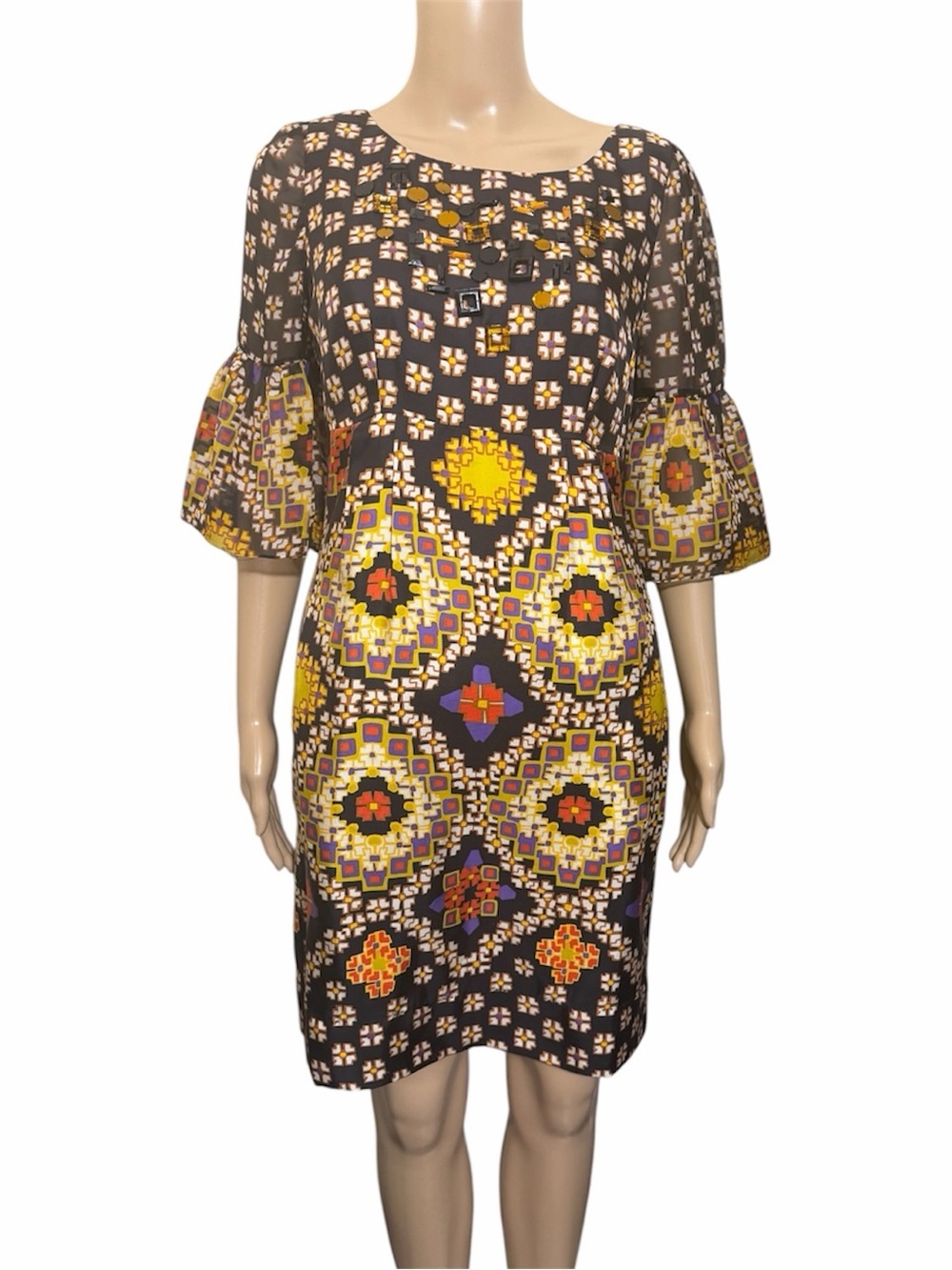 Phoebe Couture Embellished Geometric Print Shift Dress Balloon Sleeve Retro Mod